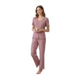elemge Kadın Bambulu Mevsimlik Pijama Takımı Gül Kurusu Regular Fit Alt Üst Takım Kısa Kol Lastikli Esnek V Yaka 2'li Takım Cepsiz (Gül Kurusu, M)