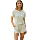 Elemge Kadın Pamuklu Basic Şort Cepli Beli Ipli Bağcıklı Regular Fit Normal Bel Rahat Kesim 2 Iplik Ev Şortu Rahat Kesim (Ekru, XL)