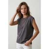 Elemge Premium %100 Pamuk Süprem Tok Kumaş Kadın Oversize Antrasit T-Shirt Geniş Omuzlu Dökümlü Kolsuz Bol Kalıp Basic Tişört