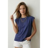 Elemge Premium %100 Pamuk Süprem Tok Kumaş Kadın Oversize Beyaz T-Shirt Geniş Omuzlu Dökümlü Kolsuz Bol Kalıp Basic Tişört - İndigo - XL