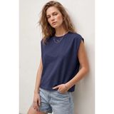 Elemge Premium %100 Pamuk Süprem Tok Kumaş Kadın Oversize Beyaz T-Shirt Geniş Omuzlu Dökümlü Kolsuz Bol Kalıp Basic Tişört - İndigo - XL