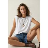 Elemge Premium %100 Pamuk Süprem Tok Kumaş Kadın Oversize Beyaz T-Shirt Geniş Omuzlu Dökümlü Kolsuz Bol Kalıp Basic Tişört