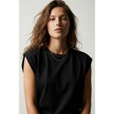 elemge Premium %100 Pamuk Süprem Tok Kumaş Kadın Oversize Siyah T-Shirt Geniş Omuzlu Dökümlü Kolsuz Bol Kalıp Basic Tişört