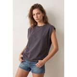 elemge%100 Pamuk Süprem Tok Kumaş Kadın Oversize T-Shirt Geniş Omuzlu Dökümlü Kolsuz Bol Kalıp Premium Basic Tişört (Antrasit, XL)
