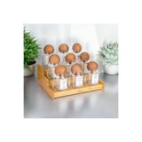ELF HOME CONCEPT 3 Katlı Bambu Standlı Ahşap Top Kapaklı 9'Lu Cam Baharatlık Seti (300 ml)