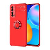 Elfia Huawei P Smart 2021 ile Uyumlu Silikon Yüzük Standlı Mıknatıslı Kılıf, Ravel Kırmızı