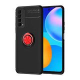 Elfia Huawei P Smart 2021 ile Uyumlu Silikon Yüzük Standlı Mıknatıslı Kılıf, Ravel Siyah-Kırmızı
