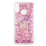Elfia Huawei Y7 Prime 2019 ile Uyumlu Kılıfı Silikon Şeffaf Simli Sıvılı Yüzüklü Standlı Kamera Lens ve Darbe Korumalı Kapak Milce Pembe