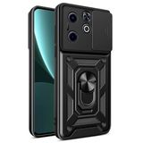 Elfia İnfinix Smart 8 ile Uyumlu Kılıf Silikon Yüzük Standlı Araç Tutucu için Mıknatıslı Tank Darbe ve Sürgülü Kamera Lens Korumalı Kapak Siyah