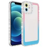 Elfia iPhone 12 ile Uyumlu Silikon Şeffaf Simli Renk Geçişli Kamera Lens Korumalı Kılıf, Park Pembe-Mavi