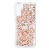 Elfia Oppo Reno 3 ile Uyumlu Kılıfı Silikon Şeffaf Simli Sıvılı Yüzüklü Standlı Kamera Lens ve Darbe Korumalı Kapak Milce Gold