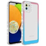 Elfia Samsung Galaxy A03 ile Uyumlu Silikon Şeffaf Simli Renk Geçişli Kamera Lens Korumalı Kılıf, Park Pembe-Mavi