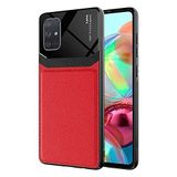 Elfia Samsung Galaxy A71 ile Uyumlu Kılıf Silikon İnce Deri Görünümlü Üst Kısım Parlak Tarz Kapak Emiks Kırmızı