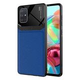 Elfia Samsung Galaxy A71 ile Uyumlu Kılıf Silikon İnce Deri Görünümlü Üst Kısım Parlak Tarz Kapak Emiks Lacivert