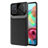 Elfia Samsung Galaxy A71 ile Uyumlu Kılıf Silikon İnce Deri Görünümlü Üst Kısım Parlak Tarz Kapak Emiks Siyah