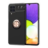 Elfia Samsung Galaxy M22 ile Uyumlu Silikon Yüzük Standlı Mıknatıslı Kılıf, Ravel Siyah-Rose Gold