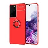 Elfia Samsung Galaxy S21 Ultra ile Uyumlu Silikon Yüzük Standlı Mıknatıslı Kılıf, Ravel Kırmızı