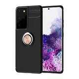 Elfia Samsung Galaxy S21 Ultra ile Uyumlu Silikon Yüzük Standlı Mıknatıslı Kılıf, Ravel Siyah-Rose Gold