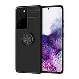 Elfia Samsung Galaxy S21 Ultra ile Uyumlu Silikon Yüzük Standlı Mıknatıslı Kılıf, Ravel Siyah