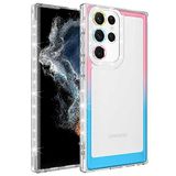 Elfia Samsung Galaxy S22 Ultra ile Uyumlu Silikon Şeffaf Simli Renk Geçişli Kamera Lens Korumalı Kılıf, Park Pembe-Mavi