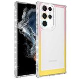 Elfia Samsung Galaxy S22 Ultra ile Uyumlu Silikon Şeffaf Simli Renk Geçişli Kamera Lens Korumalı Kılıf, Park Pembe-Sarı