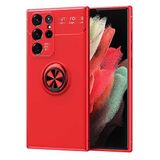 Elfia Samsung Galaxy S22 Ultra ile Uyumlu Silikon Yüzük Standlı Mıknatıslı Kılıf, Ravel Kırmızı