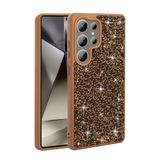 Elfia Samsung Galaxy S22 Ultra ile Uyumlu Taşlı Kamera Lens Korumalı Silikon Kılıf, Pırla Gold