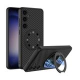 Elfia Samsung Galaxy S24 ile Uyumlu Kılıfı Karbon Fiber Kamera Lens Korumalı M-Safe Şarj Özellikli Stand Olabilen Sert Silikon İnce Kapak Kıpta Siyah