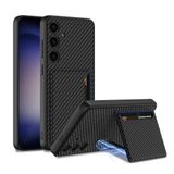 Elfia Samsung Galaxy S24 Plus Kılıf ile Uyumlu Kılıfı Kart Bölmeli Deri Kamera Lens Korumalı Stand Olabilen Sert Silikon İnce Kapak Kıpta Siyah+Karbon