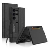 Elfia Samsung Galaxy S24 Ultra ile Uyumlu Kılıfı Kartlık Karbon Fiber Kamera Lens Korumalı Stand Olabilen Sert Silikon İnce Kapak Kıpta Siyah