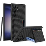 Elfia Samsung Galaxy S24 Ultra Kılıf ile Uyumlu Kılıfı Kart Bölmeli Deri Kamera Lens Korumalı Stand Olabilen Sert Silikon İnce Kapak Kıpta Siyah+Karbon