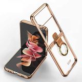 Elfia Samsung Galaxy Z Flip 3 ile Uyumlu Kılıfı Şeffaf Yüzük Standlı Kamera Lens Korumalı Sert Silikon İnce Kapak Kıpta Gold