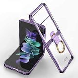Elfia Samsung Galaxy Z Flip 3 ile Uyumlu Kılıfı Şeffaf Yüzük Standlı Kamera Lens Korumalı Sert Silikon İnce Kapak Kıpta Mor