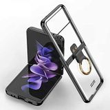 Elfia Samsung Galaxy Z Flip 3 ile Uyumlu Kılıfı Şeffaf Yüzük Standlı Kamera Lens Korumalı Sert Silikon İnce Kapak Kıpta Siyah