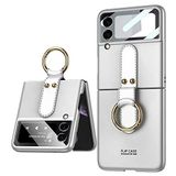 Elfia Samsung Galaxy Z Flip 3 ile Uyumlu Kılıfı Yüzük Standlı Kamera Lens Korumalı Sert Silikon İnce Kapak Kıpta Gümüş