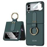 Elfia Samsung Galaxy Z Flip 3 ile Uyumlu Kılıfı Yüzük Standlı Kamera Lens Korumalı Sert Silikon İnce Kapak Kıpta Koyu Yeşil