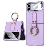 Elfia Samsung Galaxy Z Flip 3 ile Uyumlu Kılıfı Yüzük Standlı Kamera Lens Korumalı Sert Silikon İnce Kapak Kıpta Mor