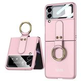 Elfia Samsung Galaxy Z Flip 3 ile Uyumlu Kılıfı Yüzük Standlı Kamera Lens Korumalı Sert Silikon İnce Kapak Kıpta Pembe