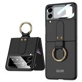 Elfia Samsung Galaxy Z Flip 3 ile Uyumlu Kılıfı Yüzük Standlı Kamera Lens Korumalı Sert Silikon İnce Kapak Kıpta Siyah