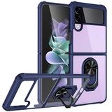 Elfia Samsung Galaxy Z Flip 3 ile Uyumlu Silikon Şeffaf Yüzük Mıknatıslı Standlı Kılıf, Mola Lacivert