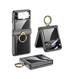 Elfia Samsung Galaxy Z Flip 4 ile Uyumlu Kılıfı Şeffaf Yüzük Standlı Kamera Lens Korumalı Sert Silikon İnce Kapak Kıpta Siyah
