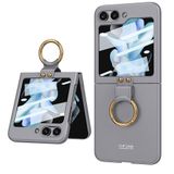 Elfia Samsung Galaxy Z Flip 5 ile Uyumlu Kılıfı Yüzük Standlı Kamera Lens Korumalı Sert Silikon İnce Kapak Kıpta Gri