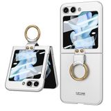 Elfia Samsung Galaxy Z Flip 5 ile Uyumlu Kılıfı Yüzük Standlı Kamera Lens Korumalı Sert Silikon İnce Kapak Kıpta Gümüş