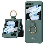 Elfia Samsung Galaxy Z Flip 5 ile Uyumlu Kılıfı Yüzük Standlı Kamera Lens Korumalı Sert Silikon İnce Kapak Kıpta Koyu Yeşil