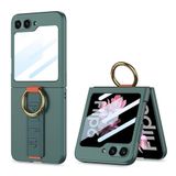 Elfia Samsung Galaxy Z Flip 7 FE ile Uyumlu Kılıfı Kamera Lens Korumalı Yüzüklü Stand Olabilen Karbon Tasarımlı Sert Silikon Kapak Kıpta Gri-Yeşil
