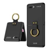 Elfia Samsung Galaxy Z Flip ile Uyumlu Kılıfı Yüzük Standlı Kamera Lens Korumalı Sert Silikon İnce Kapak Kıpta Siyah