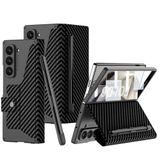 Elfia Samsung Galaxy Z Fold 6 ile Uyumlu Kılıfı Kamera Lens Korumalı Karbon Fiber Tasarımlı Kalem Bölmeli Fest Stand Olabilen Kapak Kıpta Siyah