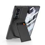 Elfia Samsung Galaxy Z Fold 6 ile Uyumlu Kılıfı Kartlıklı Karbon Fiber Deri Tasarımlı Dik Stand Olabilen Kamera Lens Korumalı İnce Kapak Kıpta Siyah