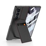 Elfia Samsung Galaxy Z Fold 6 ile Uyumlu Kılıfı Kartlıklı Karbon Fiber Tasarımlı Dik Stand Olabilen Kamera Lens Korumalı İnce Kapak Kıpta Siyah