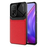 Elfia Xiaomi Mi 10T Pro 5G ile Uyumlu Kılıf Silikon İnce Deri Görünümlü Üst Kısım Parlak Tarz Kapak Emiks Kırmızı